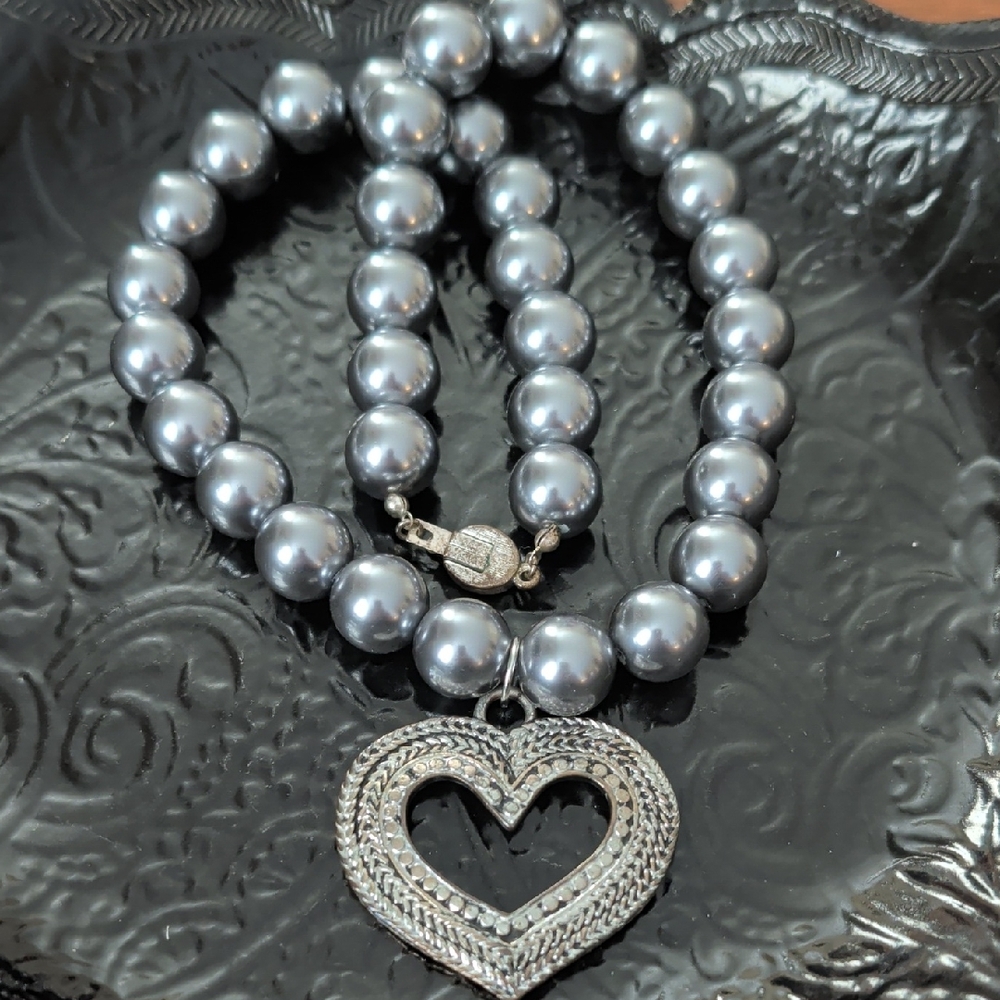 Silver Gray Faux Pearl Necklace with Heart Pendant - Women's Jewelry